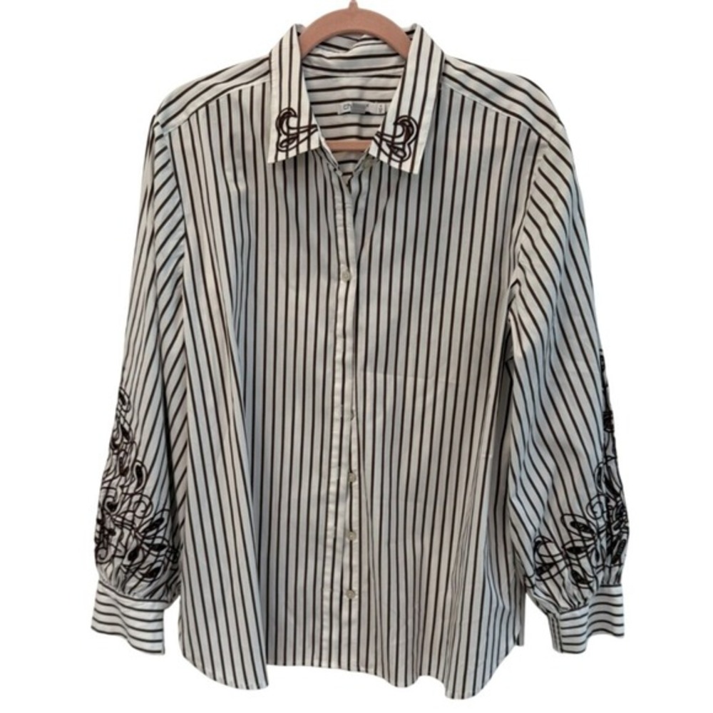 Chicos Embroidered Stripe Button Down Shirt Brown White Blouse Size 4‎